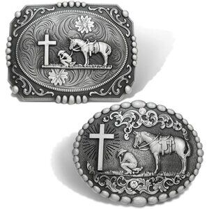 2 Pieces American Western Cowboy Belt Buckles, Mens Religion Cross Horse